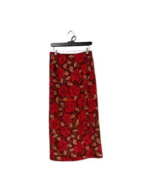 Vtg Sag Harbor Womens Floral Midi Skirt Red & Brown Elastic Waist Size Small